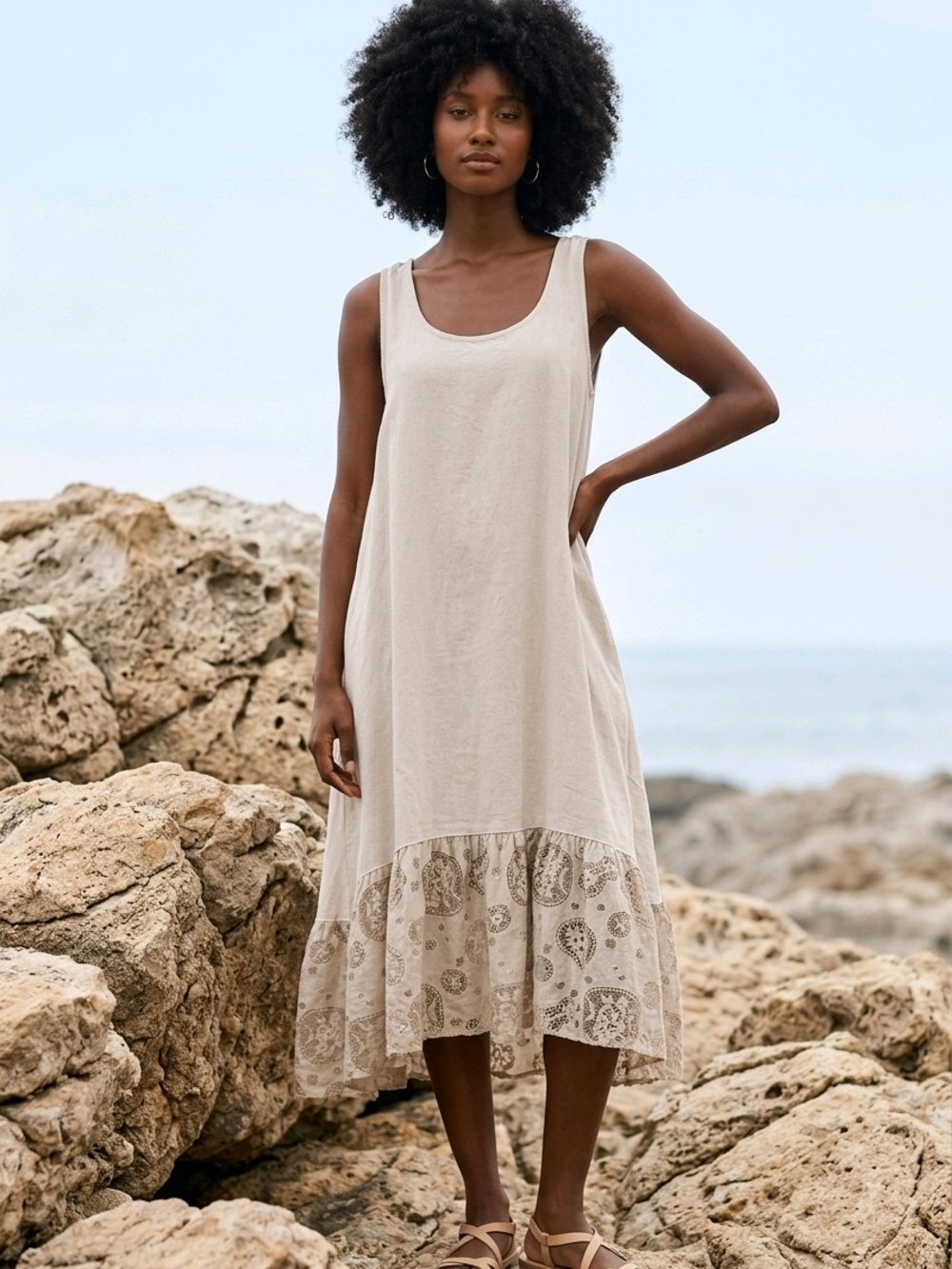 Sleeveless Cream Linen Blend Midi Dress